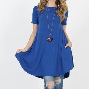 Zenana Saphire Blue short sleeve tunic w pockets rounded hem sz L
